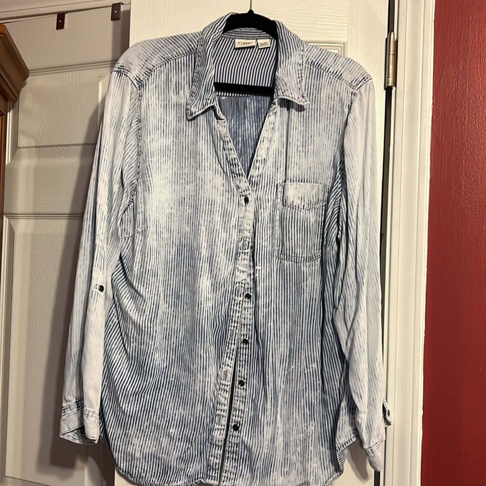 Size 22/24 blue Jean blouse.  Acid wash with stripes.